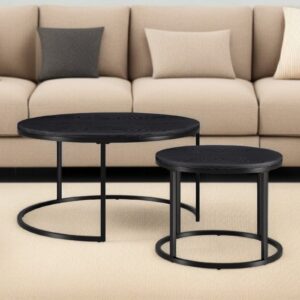Set of Two Black Wood And Steel Round Frame Nested Coffee Tables