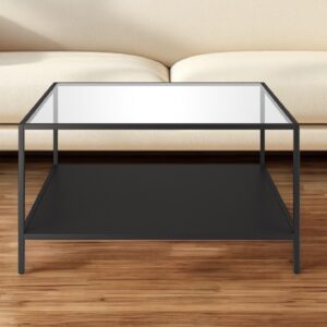 32" Black Glass And Steel Square Coffee Table With Shelf