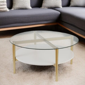 36" Clear And Gold Glass And Steel Round Coffee Table With Shelf