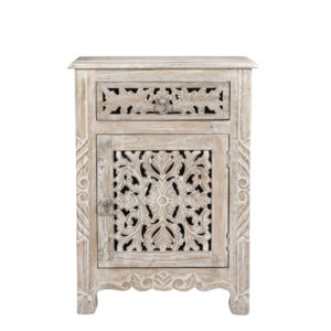30" Distressed White One Drawer Carved Floral Solid Wood Nightstand
