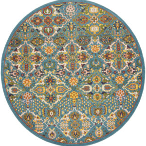8' Blue Round Floral Power Loom Area Rug