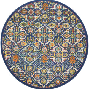 8' Blue Round Floral Power Loom Area Rug