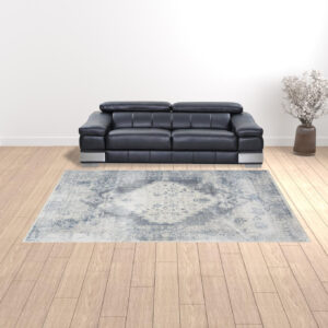 9' X 12' Blue and Ivory Oriental Power Loom Distressed Area Rug