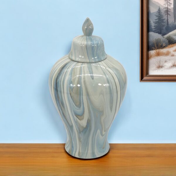 14" Blue And Cream Faux Marble Ceramic Urn