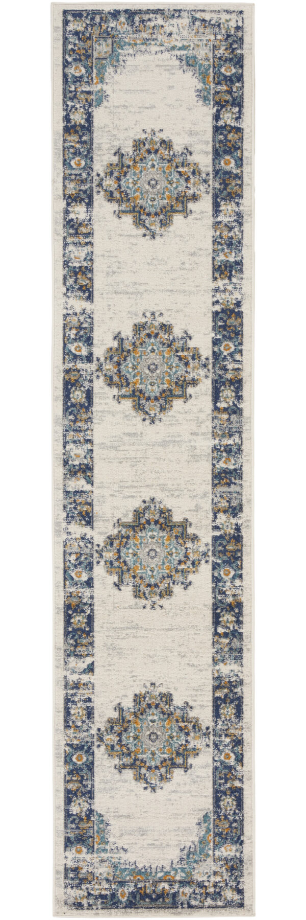 10' Blue And Ivory Oriental Distressed Runner Rug