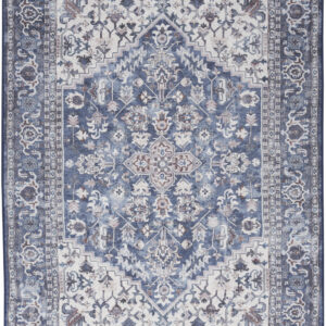5' X 7' Gray Ivory and Blue Floral Power Loom Distressed Washable Area Rug