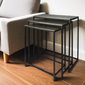 Set of Three Brass and Black Aluminum and Iron Frame Nested Tables