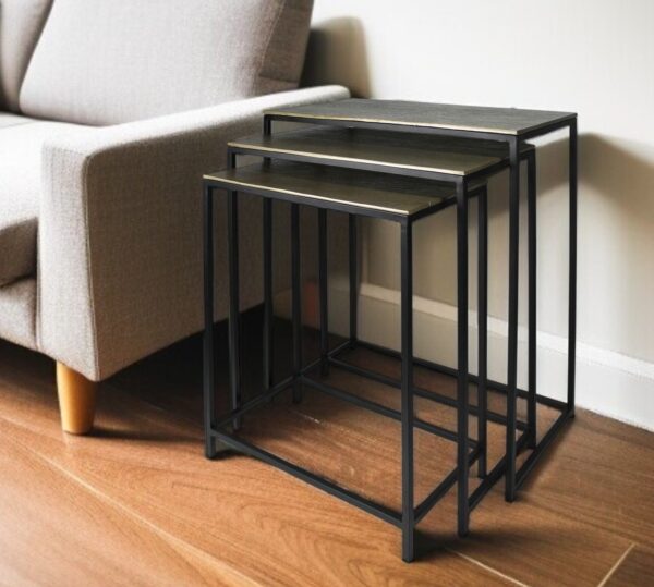 Set of Three Brass and Black Aluminum and Iron Frame Nested Tables