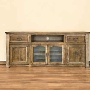 80" Brown Solid Wood Cabinet Enclosed Storage Distressed TV Stand