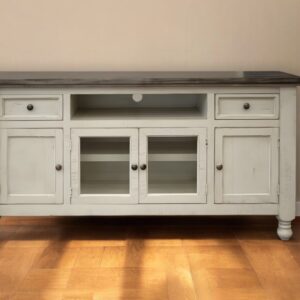 60" Ivory Solid Wood Open shelving Distressed TV Stand