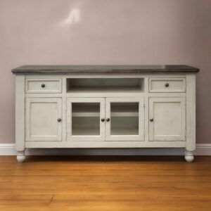 79" Ivory Solid Wood Open shelving Distressed TV Stand