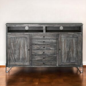 60" Gray Solid Wood Cabinet Enclosed Storage Distressed TV Stand
