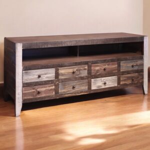 61" Brown Solid Wood Cabinet Enclosed Storage Distressed TV Stand