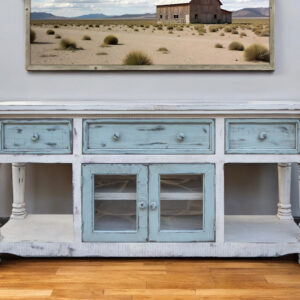 70" Blue and White Solid Wood Open shelving Distressed TV Stand