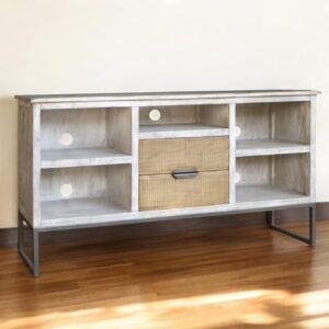 70" Light Gray Solid Wood Open shelving Distressed TV Stand