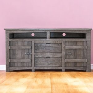 70" Gray Solid Wood Cabinet Enclosed Storage Distressed TV Stand