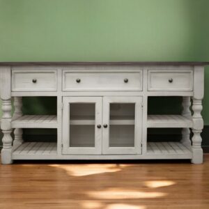60" Ivory Solid Wood Open shelving Distressed TV Stand