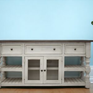 81" Ivory Solid Wood Open shelving Distressed TV Stand