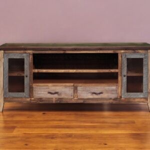 76" Brown Solid Wood Cabinet Enclosed Storage Distressed TV Stand
