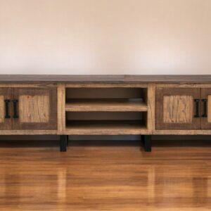 93" Brown Solid Wood Cabinet Enclosed Storage Distressed TV Stand