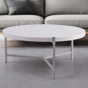 37" White And Silver Wood And Stainless Steel Round Coffee Table