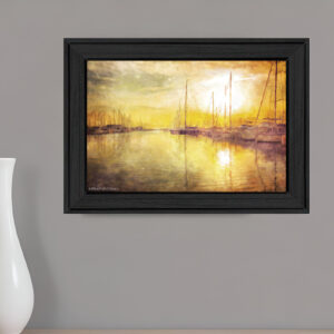 Yellow Sunset Boats In Marina Black Framed Print Wall Art