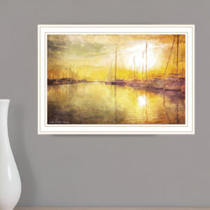 Yellow Sunset Boats In Marina White Framed Print Wall Art