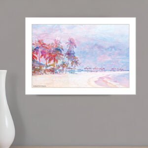 Rainbow Bright Sandy Beach with Umbrellas White Framed Print Wall Art
