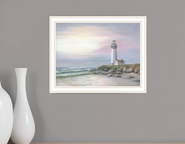 Lighthouse at Sunset White Framed Print Wall Art