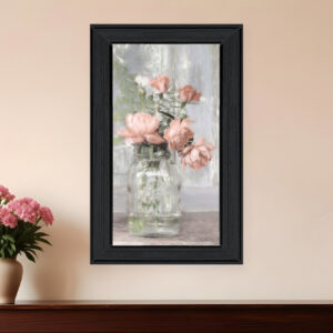 Cottage Peach Roses Black Framed Print Wall Art