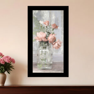 Cottage Peach Roses Black Framed Print Wall Art