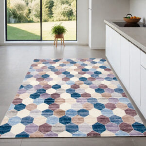 4' X 6' Ivory and Blue Geometric Distressed Area Rug