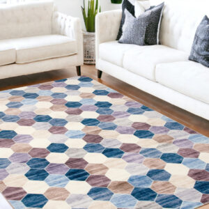 5' X 8' Ivory and Blue Geometric Distressed Area Rug