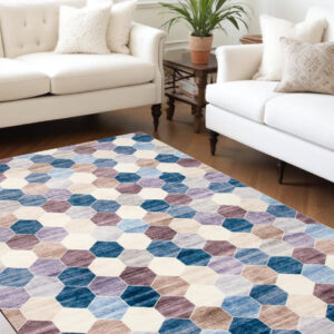 8' X 11' Ivory and Blue Geometric Distressed Area Rug