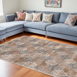 8' X 11' Brown and Blue Floral Distressed Area Rug