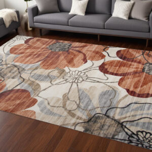 7' X 10' Red and Beige Floral Distressed Area Rug