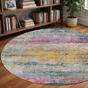 7' Pink and Orange Abstract Power Loom Round Rug