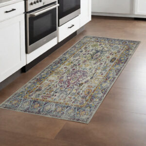 8' Gray Floral Power Loom Runner Rug