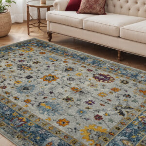 5' X 7' Blue and Orange Floral Power Loom Area Rug