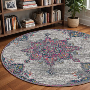 7' Pink Medallion Power Loom Round Rug