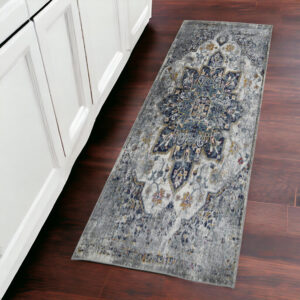 8' Ivory Navy and Orange Medallion Power Loom Distressed Runner Rug