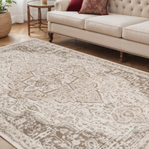 5' X 8' Gray and Light Cream Medallion Power Loom Area Rug