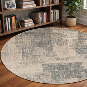 8' Gray and Light Blue Abstract Power Loom Round Rug
