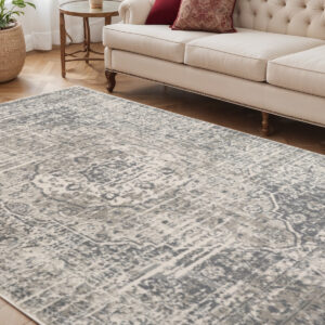 5' X 8' Medium Gray and Ivory Medallion Power Loom Area Rug