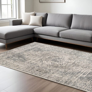 8' X 10' Medium Gray and Ivory Medallion Power Loom Area Rug