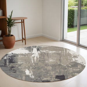 8' Ivory Black and Gray Abstract Power Loom Round Rug