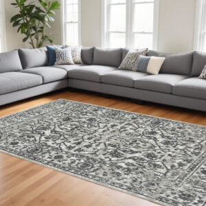 6' X 9' Gray and Dark Gray Floral Power Loom Area Rug
