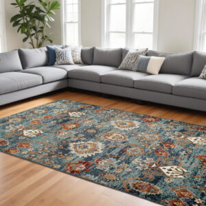 9' X 12' Teal Rust and Orange Oriental Power Loom Area Rug