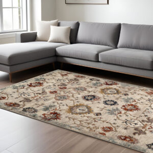 8' X 10' Beige Rust and Navy Oriental Power Loom Area Rug