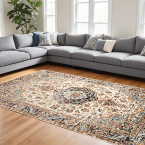 8' X 10' Ivory Navy and Orange Medallion Power Loom Area Rug
